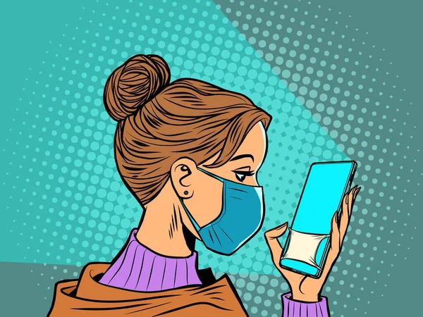 Femme en masque médical lit un smartphone — Image vectorielle