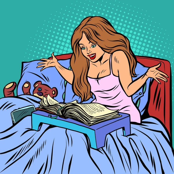 Женщина в постели читает книгу — стоковый вектор