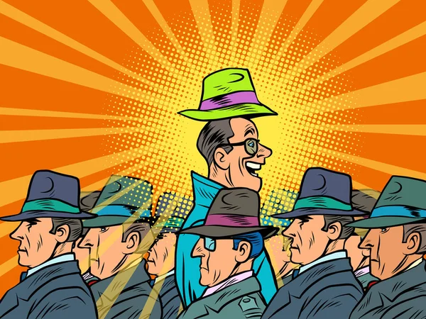 Único en la multitud. Hombre feliz entre serio — Vector de stock