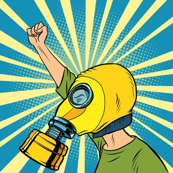 Manifestante con máscara de gas. Protesta por aire limpio — Vector de stock