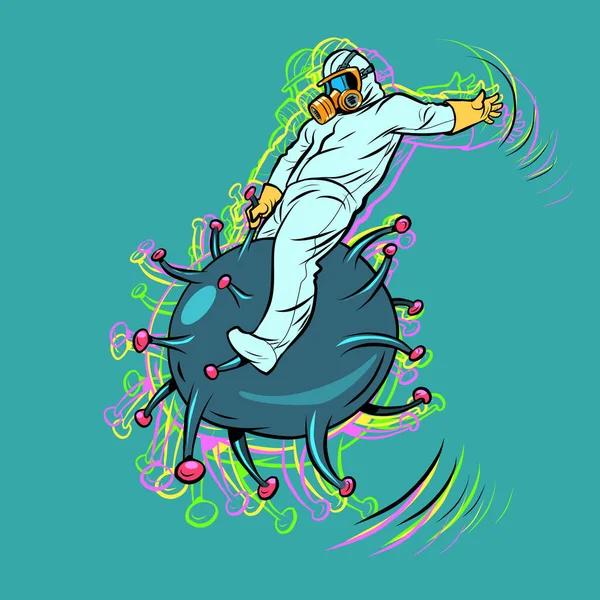 Le docteur combat le coronavirus comme un cheval sauvage. Cherchez un vaccin. Science et santé — Image vectorielle