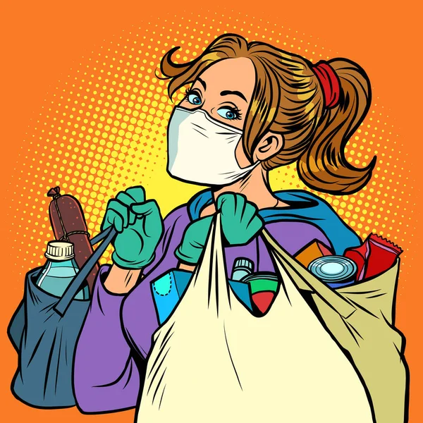 Una mujer con una máscara médica con bolsas de comida — Vector de stock
