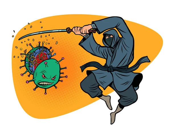 Japanse overwinning in de epidemie van het coronavirus covid19. Ninja snijdt het virus met een katana zwaard — Stockvector