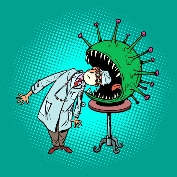 The doctor risks his life, infection with coronavirus concept. Dangerous circus trick — Stock Vector