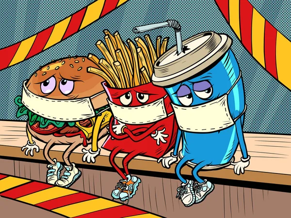 Restauracje są zamknięte dla kwarantanny epidemii koronawirusów.. smutne postacie fast food frytki Cola Burger — Wektor stockowy