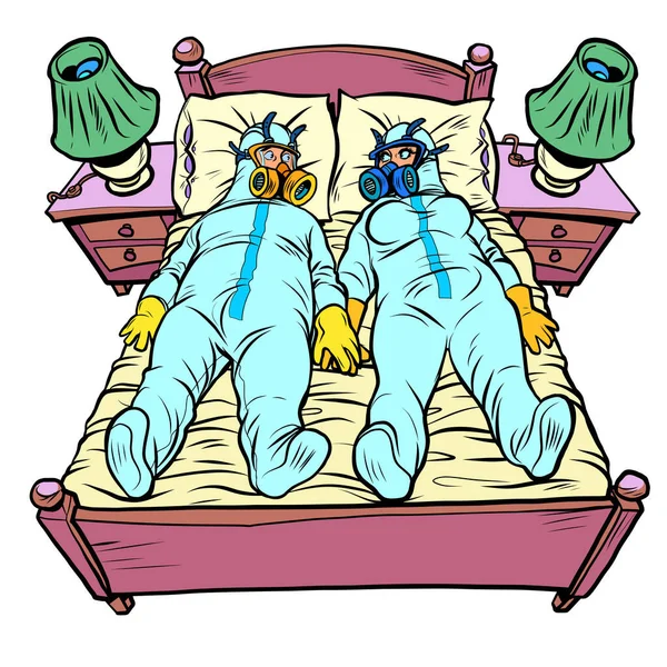 Suami dan istri di kamar tidur, pakaian perlindungan virus - Stok Vektor