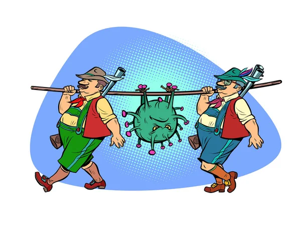 Alemania o Austria victoria en la epidemia de coronavirus covid19. Los cazadores llevan el virus como presa — Vector de stock