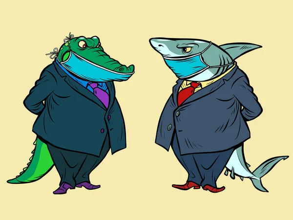 Medische masker quarantaine. haai en krokodil. twee zakenmannen communiceren, zakelijke bijeenkomst — Stockvector