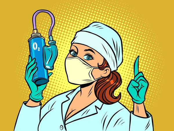 Enfermeira com um cilindro de oxigênio medicinal —  Vetores de Stock