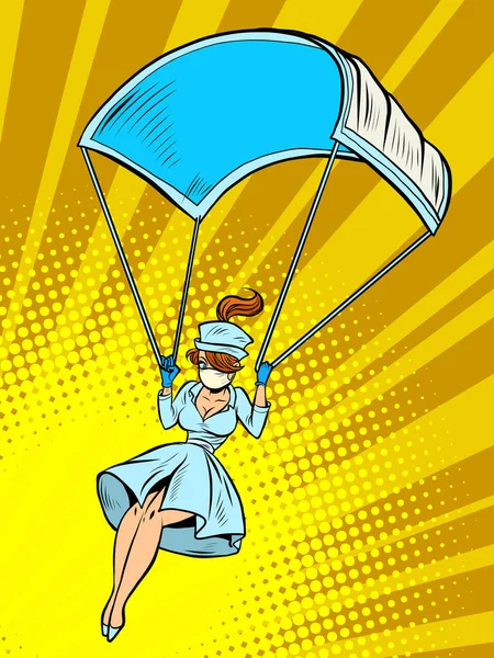Enfermeira super herói vai para baixo em um paraquedas como uma máscara médica — Vetor de Stock