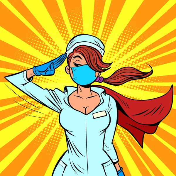 Σούπερ ήρωας νοσοκόμα στρατιωτική χαιρετίσματα — Διανυσματικό Αρχείο