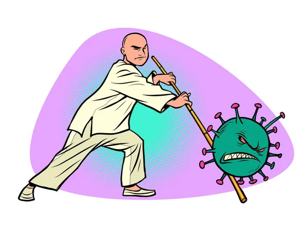 China 's overwinning in de epidemie van coronavirus covid 19. Wushu vechter verslaat het virus met een gevechtspaal — Stockvector