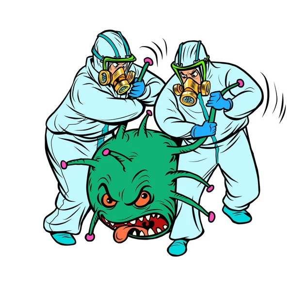 Doktoři v ochranných oblecích a koronavirus. Humorná karikatura. Virus byl zatčen jako zločinec. — Stockový vektor