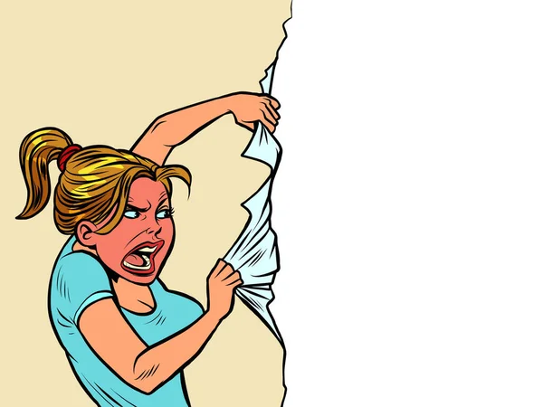 Kızgın kadın kâğıt duvarı yırtıyor. — Stok Vektör