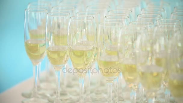 Many glasses of champagne on the table — Stock Video