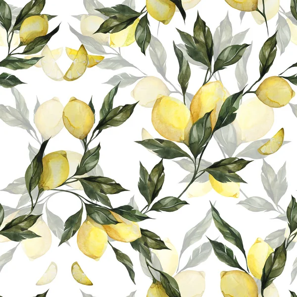 Seamless Pattern Lemons Leaves Background Fruit Illustration Watercolor Hand Drawn — Stock Photo, Image