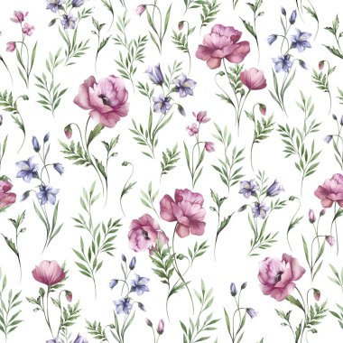 Haşhaş ve kır çiçekleriyle kusursuz botanik deseni. Suluboya elli botanik çizimler, yapraklar ve çiçekler. Tekstil tasarımı ve kumaşlar için desen