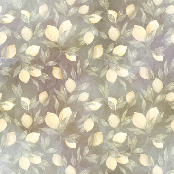 手描きの葉やレモンとシームレスな装飾植物パターン ボタニカルイラストとレモンの質感の背景 — ストック写真