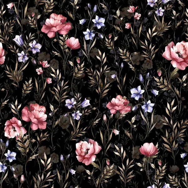 有罂粟和野花的无缝植物图案 植物图解 水彩画 叶和花 黑色背景 纺织品设计和织物图案 — 图库照片