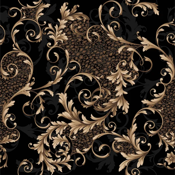 シームレスな古典的なバロック様式 金のバロック装飾とヒョウの皮のパターンを持つ背景 — ストックベクタ
