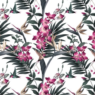 Çiçek desenli tropikal yapraklar ve çiçekler. vektör üzerinde strelitzia, orkide çiçekleri ve tropikal yaprakları olan arkaplan
