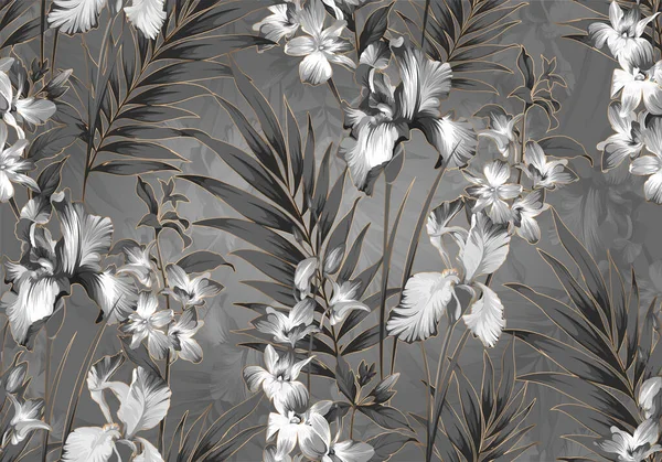Zökkenőmentes Virágminta Trópusi Levelekkel Virágokkal Háttér Strelitzia Orchidea Virágok Trópusi — Stock Vector