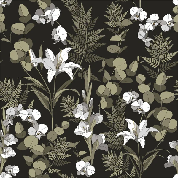 Patrón Floral Sin Costuras Con Hojas Eucalipto Lirio Flores Orquídea — Vector de stock