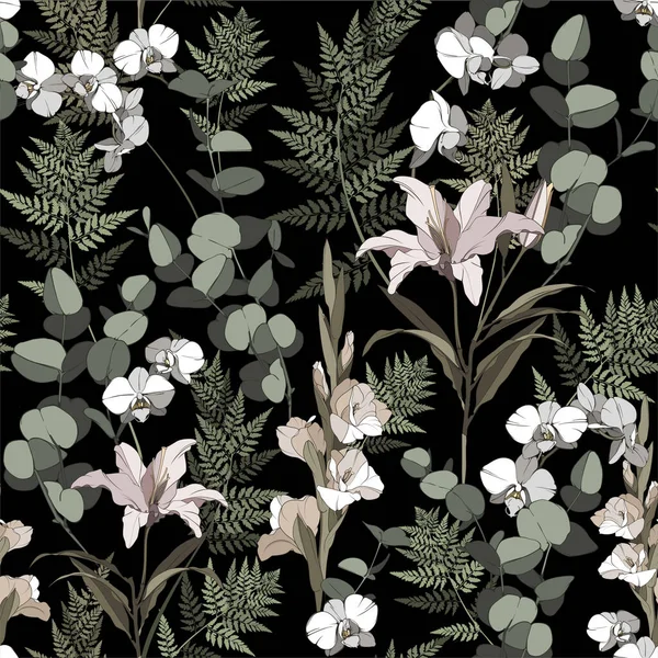 Nahtloses Blumenmuster Mit Eukalyptusblättern Lilien Und Orchideenblüten Floraler Hintergrund Auf — Stockvektor
