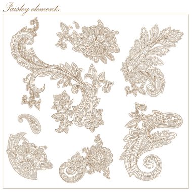  Klasik desenli elementler vektör üzerinde. Tekstil tasarımı ve kumaşlar için etnik desenli elementlerle ayarlanmış 