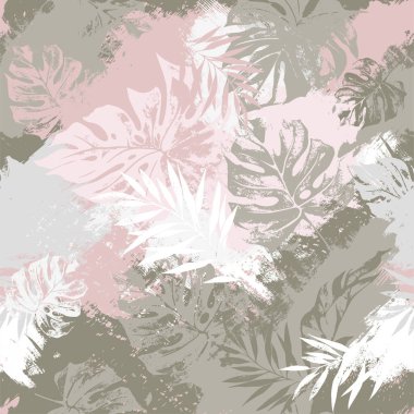 Tekstil tasarımı ve kumaşlar için dokulu arka planda tropikal yaprakları olan kusursuz desen. Kusursuz soyut arkaplan 