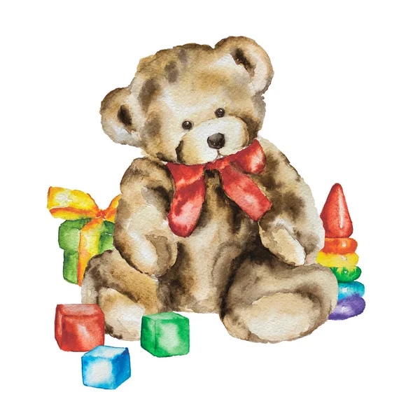 Ilustracja kolor niedźwiedź zabawka akwarela — Zdjęcie stockowe