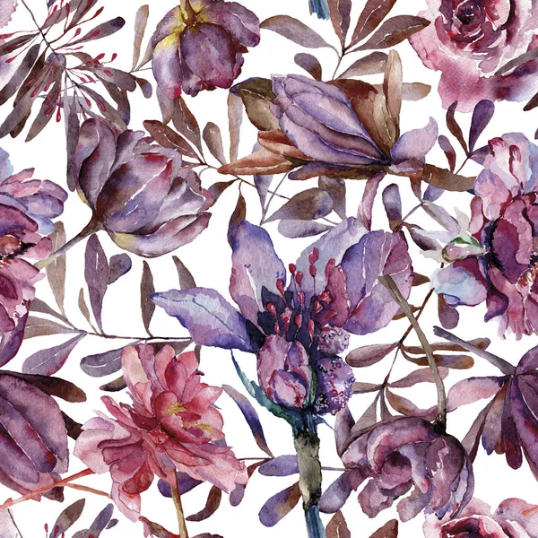 Suluboya bordo çiçekleri ile Seamless Modeli