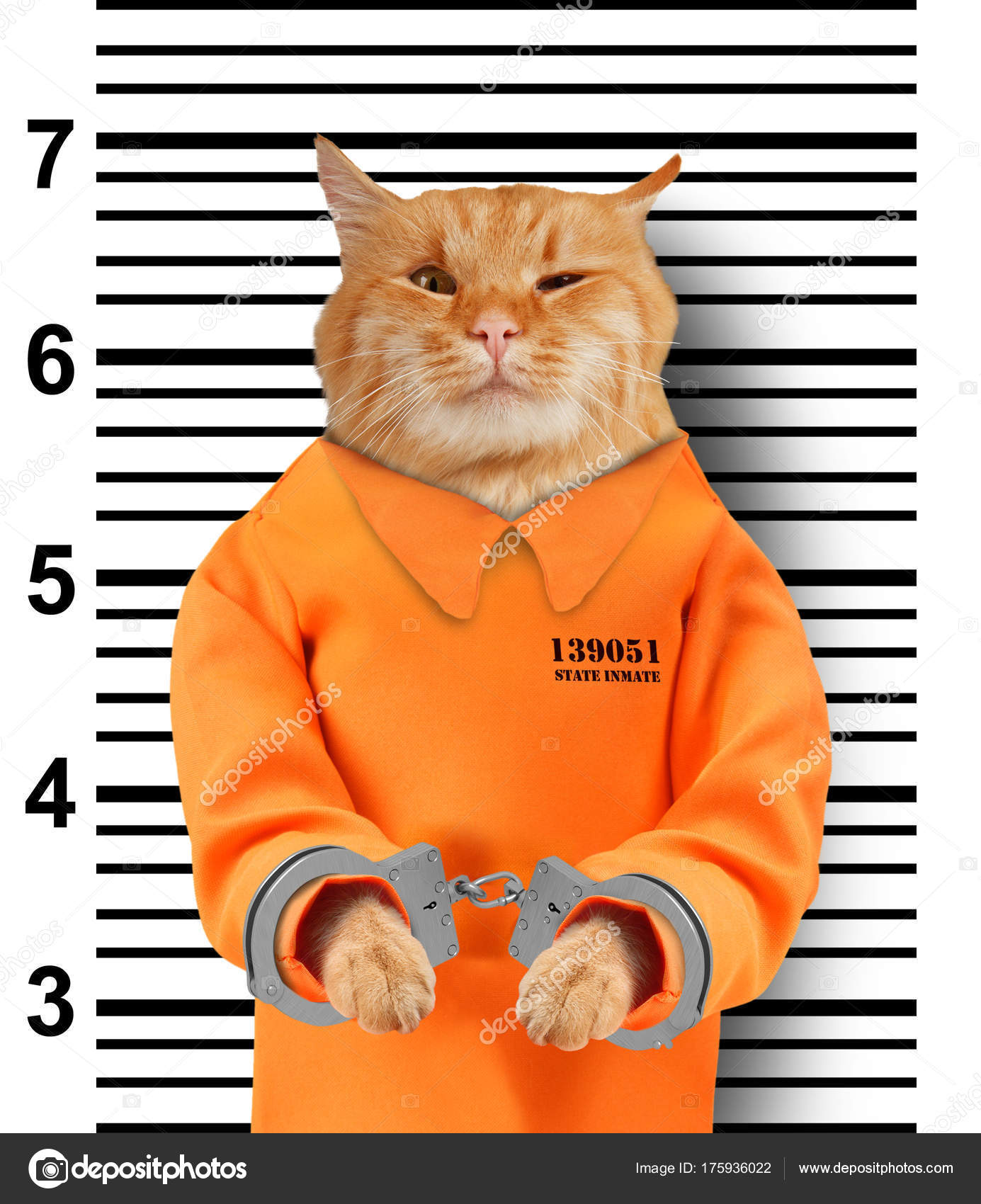 Bad cat with handcuffs on white background. Cat is wearing a orange jump  suit. Violation of the law. Stock Photo