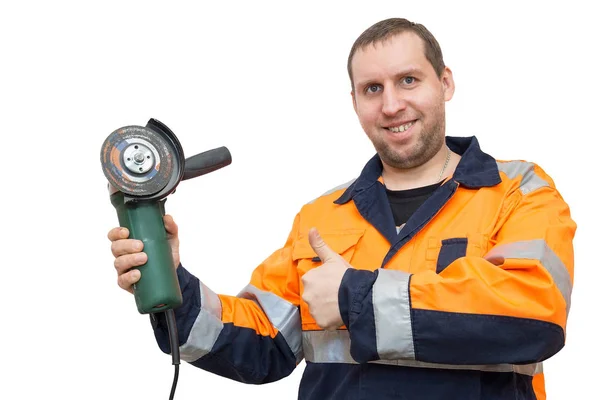 Man in overall met een grinder — Stockfoto