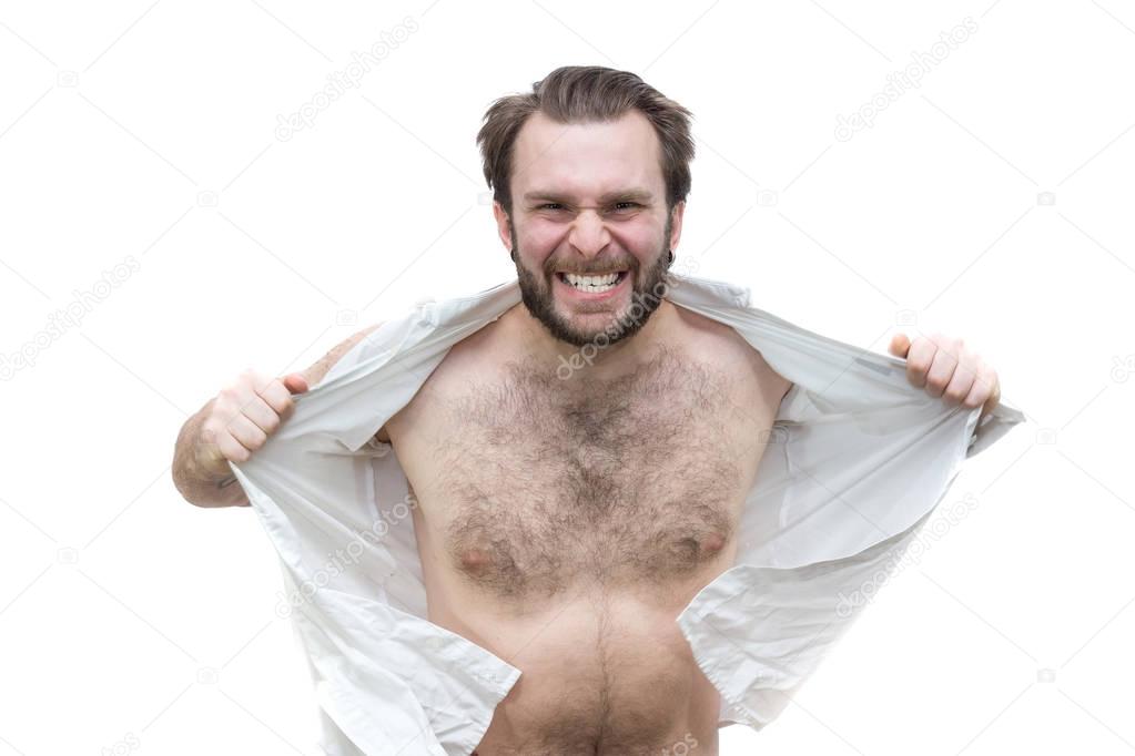 The bearded man tearing his shirt