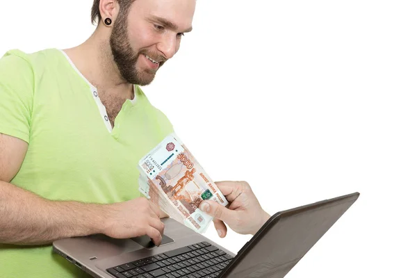 Muž s notebookem na bílém pozadí — Stock fotografie