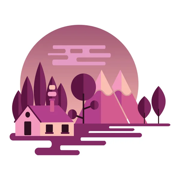 Night landscape illustration in flat style with mountains, forest and hom. Background for summer camp, nature tourism, camping or hiking design concept. — Stockvector