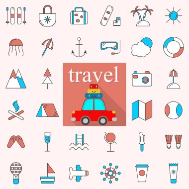 Düz tasarım turizm öğelerine sahip çizgi simgeleri. Modern Infographic vektör logosu pictogram koleksiyonu kavramı.