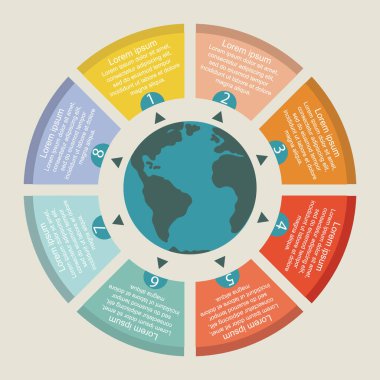 Dünya Küresi, Sayısı ve Bilgi Metni Tasarımı Olan Renkli Çember Okları. Finansal ve İş Bilgileri, Yaşam Döngüsü Diyagramı, Çalışma Akımı Eleman Düzeni Tasarımı. Vektör İllüstrasyonu