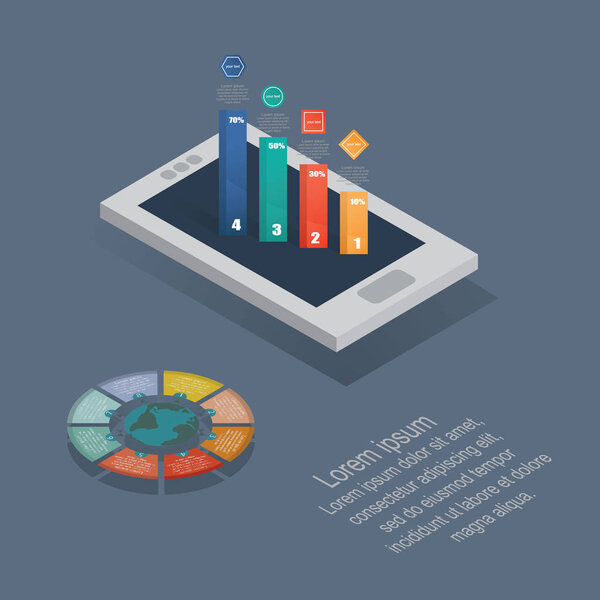 Mobile phone application for analytics. User interface with infographics with charts and graphs