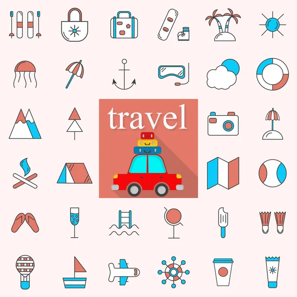 Čárové ikony s plochým designem prvků cestovního ruchu. Moderní infografický koncept kolekce piktogramů loga vektoru. — Stockový vektor