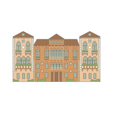 Venedik bina cephesi detaylı illüstrasyon. Venedik tarzı pencereli, balkonlu güzel bir Rönesans binası. Venedik, İtalya