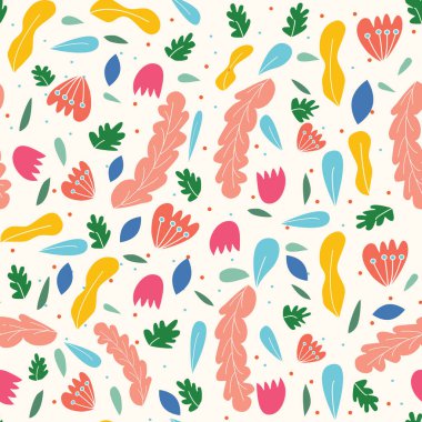 Parlak şekilleri ve işaretleri olan soyut, pürüzsüz desenler ve beyaz bir arkaplanda yapraklar. Ambalaj kağıdı, duvar kağıdı, arkaplan için düz stil ile modern renkli vektör illüstrasyonu.