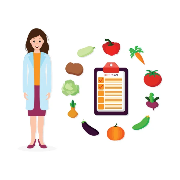 Kvinnlig dietist ordinerar näringsschema — Stock vektor