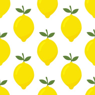 Sarı limonlu, tropik, pürüzsüz bir desen. Tekrarlanan meyve arka planı. Kumaş veya duvar kağıdı için parlak yazdırma vektörü.