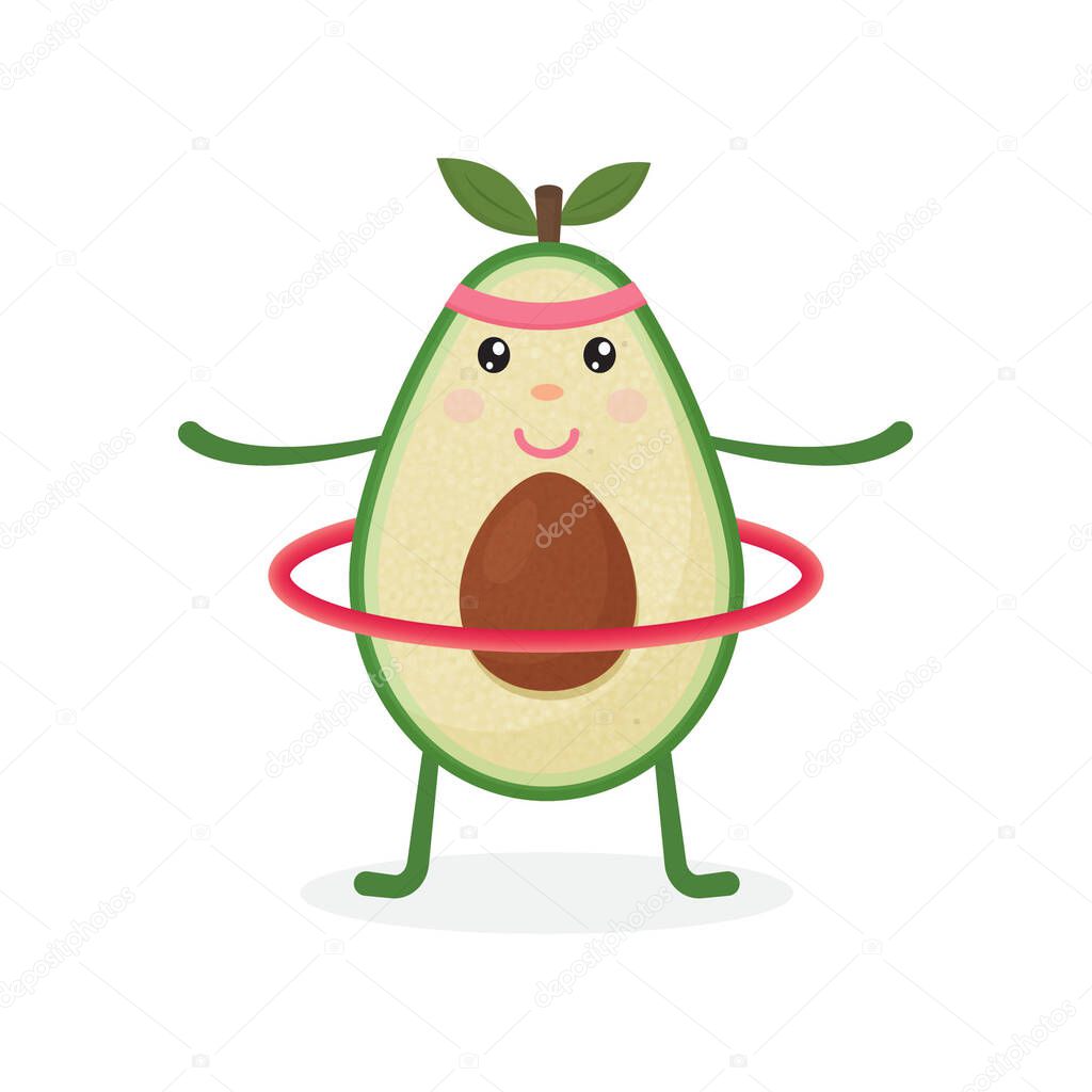 Cute Avocado cartoon character doing exercises with hula hoop. Eating healthy and fitness. Vector illustration isolated on background.