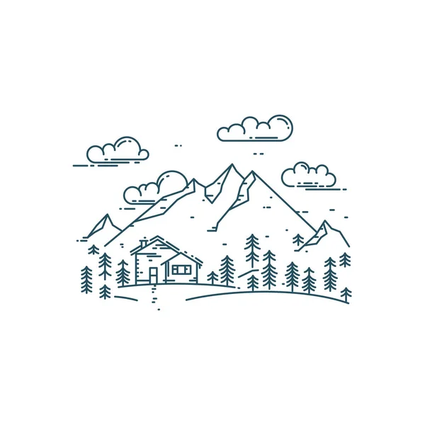 Concept plat avec maison, arbres et montagnes . — Image vectorielle