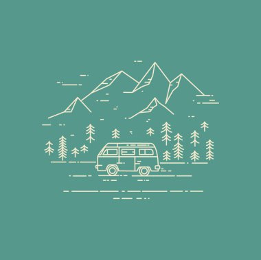 Road trip vektör düz çizgi çizim yeşil zemin üzerine.