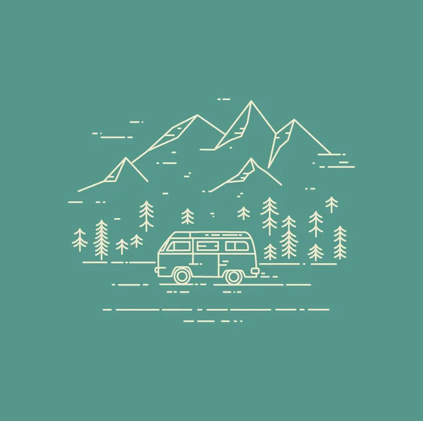 Road trip vektör düz çizgi çizim yeşil zemin üzerine.
