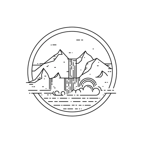 Emblema de la línea vectorial con paisaje de montaña y cascada . — Archivo Imágenes Vectoriales